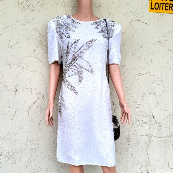 Vintage White and Taupe Beaded Cocktail Dress - Picture 1 of 10